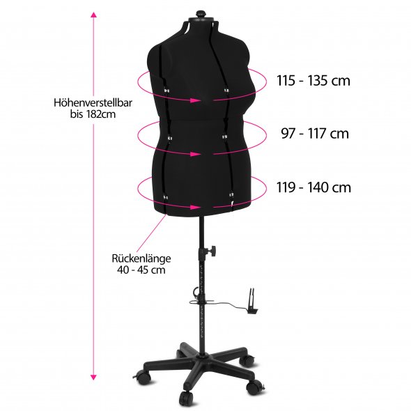 Schneiderpuppe/Schneiderbüste Supa Fit "L" mit Rollen (verstellbar / schwarz)