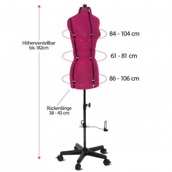 Schneiderpuppe/Schneiderbüste Supa Fit "S" mit Rollen (verstellbar / pink)