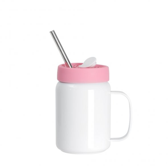 Thermo-Becher mit Henkel und Strohhalm (480 ml / weiß / für Sublimationsdrucke geeignet)