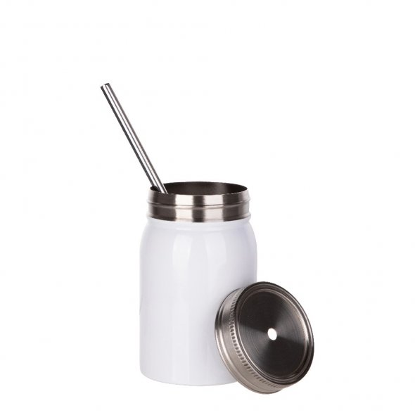 Thermo-Becher mit Metalldeckel und -strohhalm (500 ml / weiß / für Sublimationsdrucke geeignet)