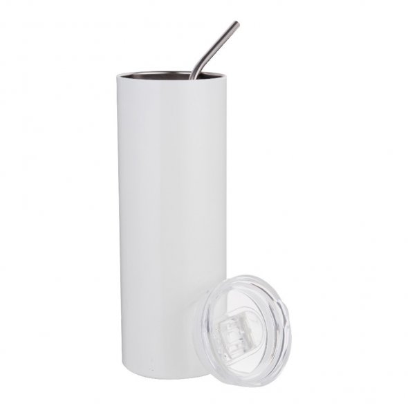 Thermo-Becher mit Deckel und Strohhalm (600 ml / weiß / für Sublimationsdrucke geeignet)
