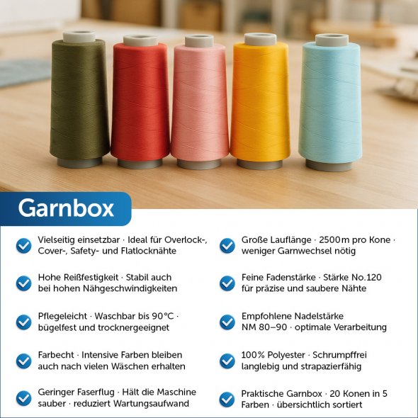 Acryl-Garnbox mit 5 bunten Farben Gütermann Toldi-Lock (2500 m / 20 Konen) Overlockgarn