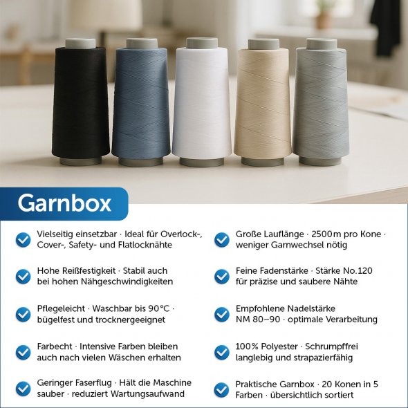 Acryl-Garnbox mit 5 basic Farben Gütermann Toldi-Lock (2500 m / 20 Konen) Overlockgarn
