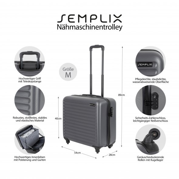 Semplix Nähmaschinentrolley (M / stahlgrau / Hartschale)