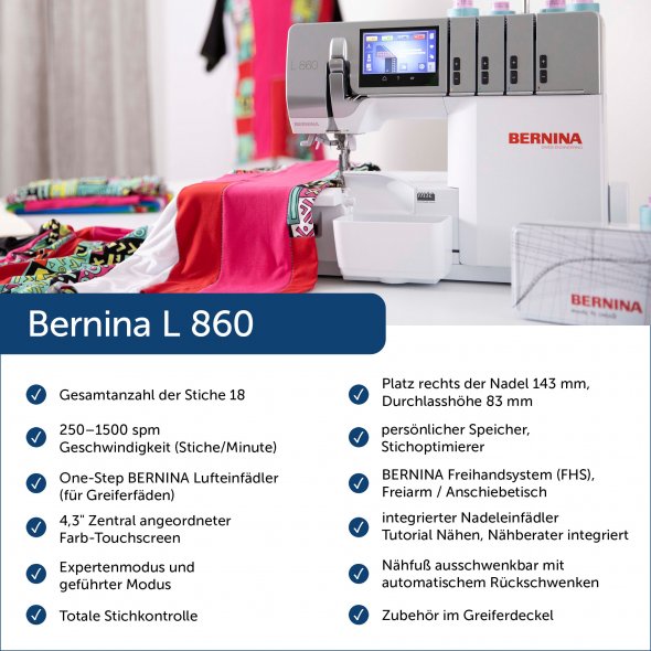 Bernina L 860 - 4 Faden Overlocker mit Lufteinfädelung und Einweisungsvideo gratis!