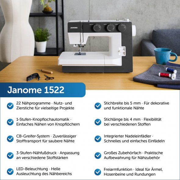 Janome 1522DG mechanische Nähmaschine (dunkelgrau)