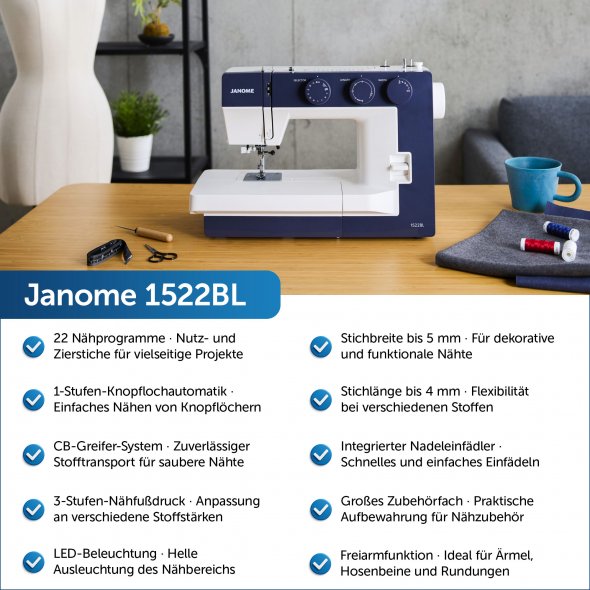 Janome 1522BL Mechanische Nähmaschine (blau)