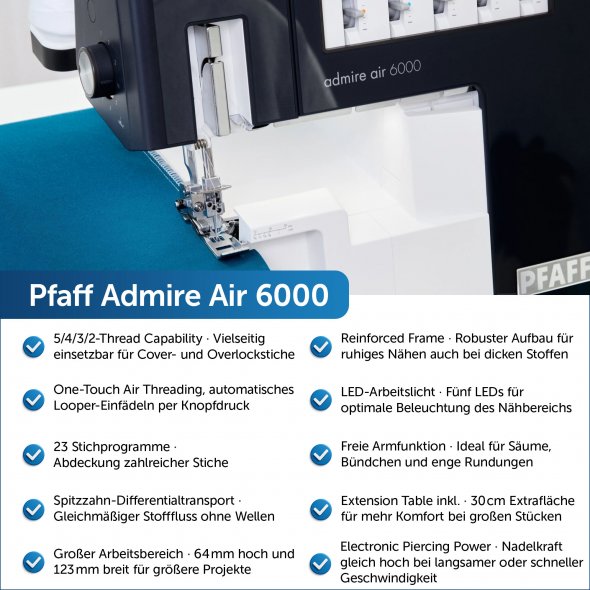 Pfaff® Admire™ Air 6000 Coverlock mit Lufteinfädelung