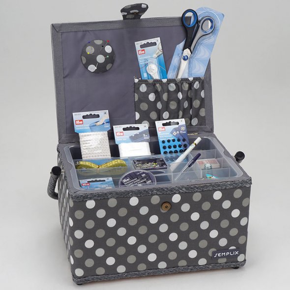 Semplix Nähkorb L Polka Dots anthrazit/ grau/ inkl. Prym Nähsortiment