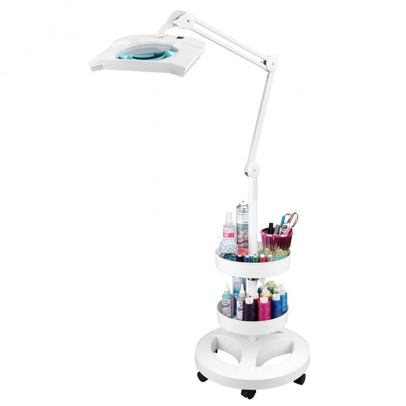Semplix LED Lupen-Stehlampe 3D weiß (Linse 189x157mm/ inkl. Standfuß m. Rollen/ 2 Tabletts)