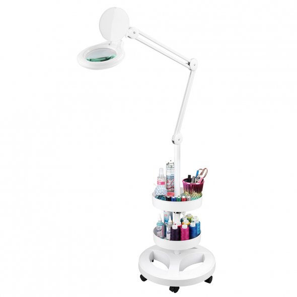 Semplix LED Lupen-Stehlampe 3D weiß (Ø 127 mm/ inkl.Standfuß m. Rollen/ 2 Tabletts)