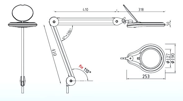 Semplix LED Lupen-Tischlampe 3D weiß (Linse 127 mm/ dimmbar/ Tischstandfuß)
