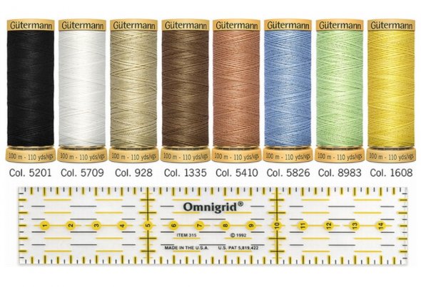 Gütermann Baumwolle C Ne 50 Nähfaden-Set + Prym Lineal 3 x 15 cm (8 Farben/ 100 m)