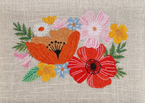Flecht-Nähkorb "Mohnblumen" (bestickt/ 26 x 19 x 14,5 cm)