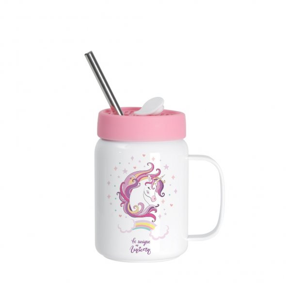 Thermo-Becher mit Henkel und Strohhalm (480 ml / weiß / für Sublimationsdrucke geeignet)