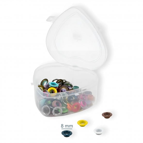 Prym Ösen mit Scheiben in Herzbox (8 mm/ bunt/ 66 St.)