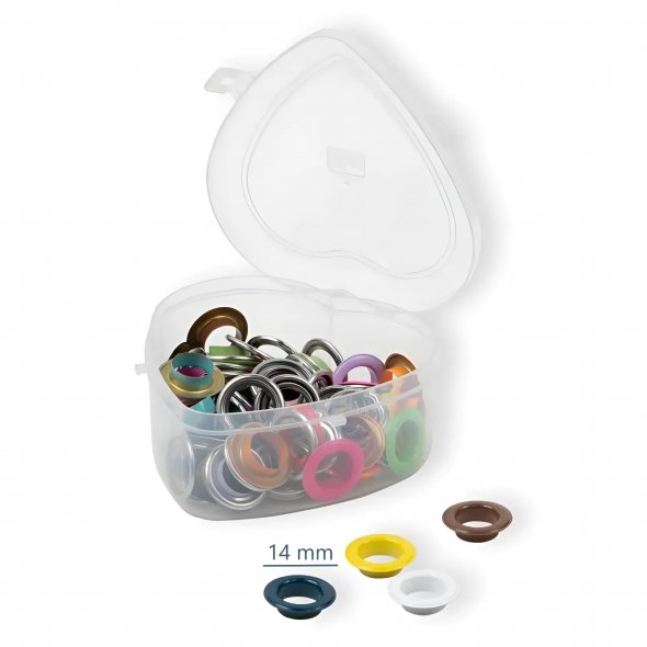Prym Ösen mit Scheiben in Herzbox (14 mm/ bunt/ 44 St.)