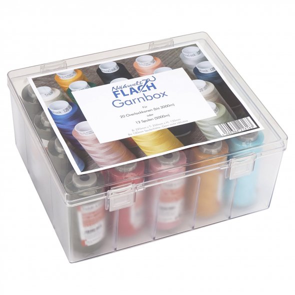 Acryl-Garnbox mit 5 bunten Farben Gütermann Toldi-Lock (2500 m / 20 Konen) Overlockgarn