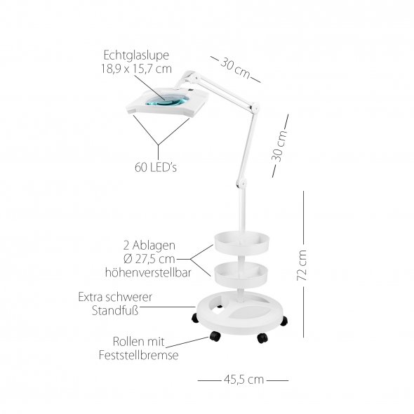 Semplix LED Lupen-Stehlampe 3D weiß (Linse 189x157mm/ inkl. Standfuß m. Rollen/ 2 Tabletts)