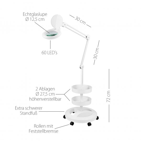 Semplix LED Lupen-Stehlampe 3D weiß (Ø 127 mm/ inkl.Standfuß m. Rollen/ 2 Tabletts)