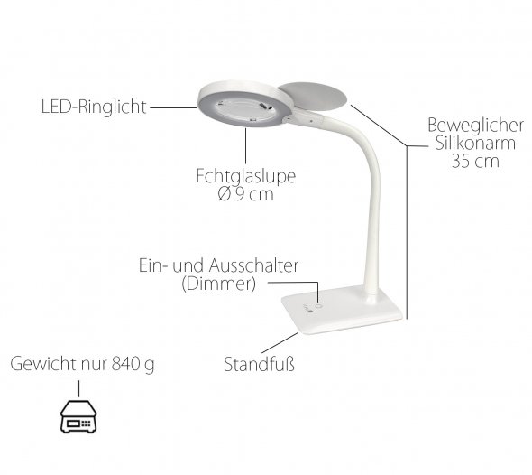 Purelite LED Tisch-Lupenleuchte (Tageslicht/ dimmbar/ Lupe 3+5-fache Vergrößerung)