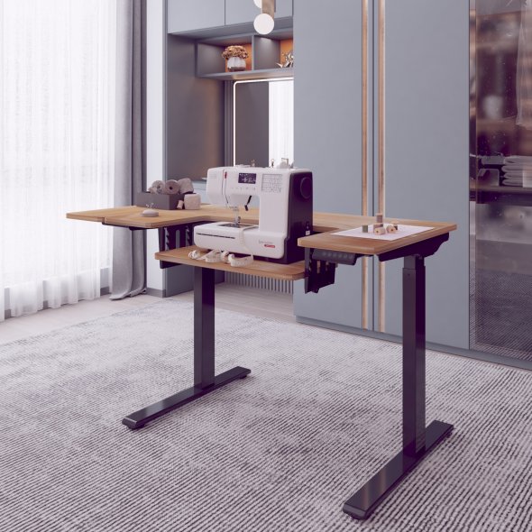 Semplix Hobby- und Nähtisch elektrisch höhenverstellbar mit Ausschnitt (schwarz/ Eiche-Design)