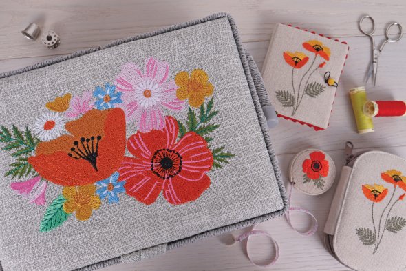 Flecht-Nähkorb "Mohnblumen" (bestickt/ 26 x 19 x 14,5 cm)