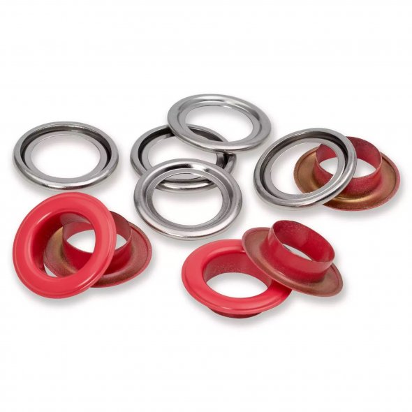 Prym Ösen mit Scheiben (14 mm/ rot-silberfarbig/ 15 St.)