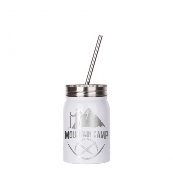 Thermo-Becher mit Metalldeckel und -strohhalm (500 ml / weiß / für Sublimationsdrucke geeignet)