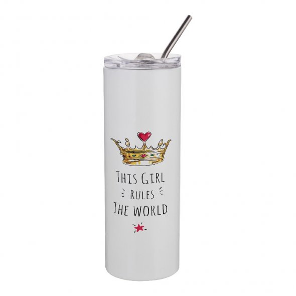 Thermo-Becher mit Deckel und Strohhalm (600 ml / weiß / für Sublimationsdrucke geeignet)