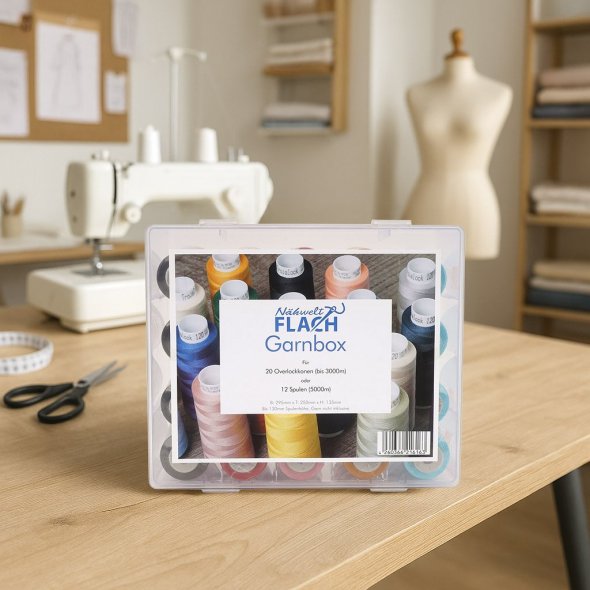 Acryl-Garnbox mit 5 bunten Farben Gütermann Toldi-Lock (2500 m / 20 Konen) Overlockgarn