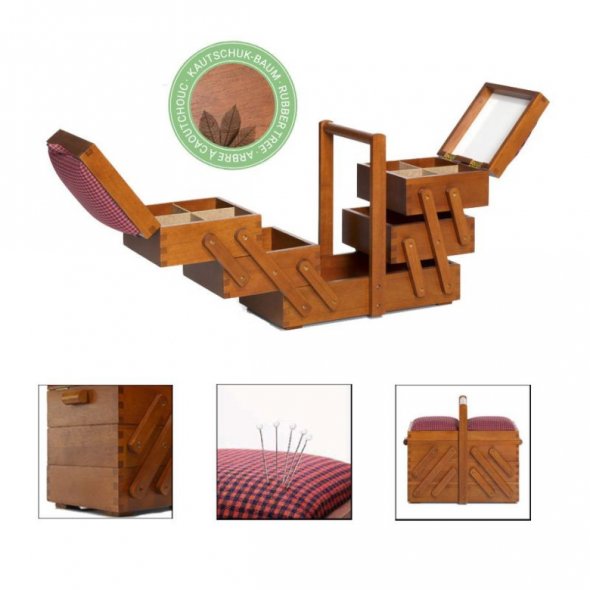 Prym Nähkasten Holz M (dunkel/ rot-schwarzer Vichy-Karostoff)