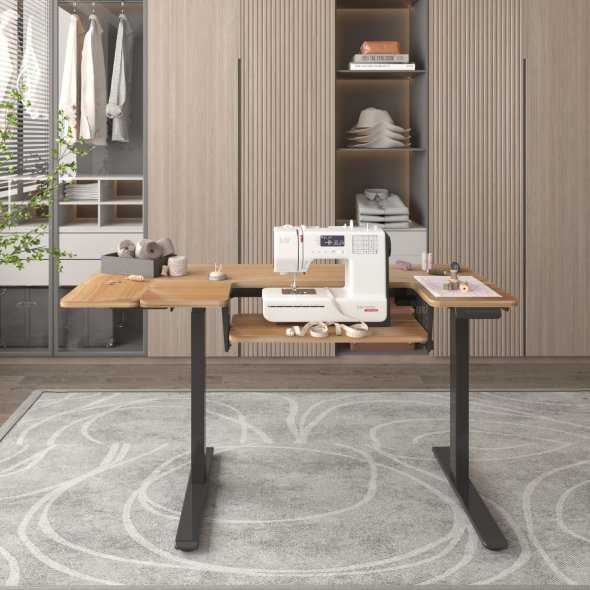 Semplix Hobby- und Nähtisch elektrisch höhenverstellbar mit Ausschnitt (schwarz/ Eiche-Design)
