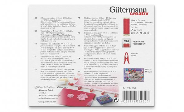 Gütermann Nähfaden-Set + Stoffclips + Stecknadeln (8 Spulen/ 100 m)