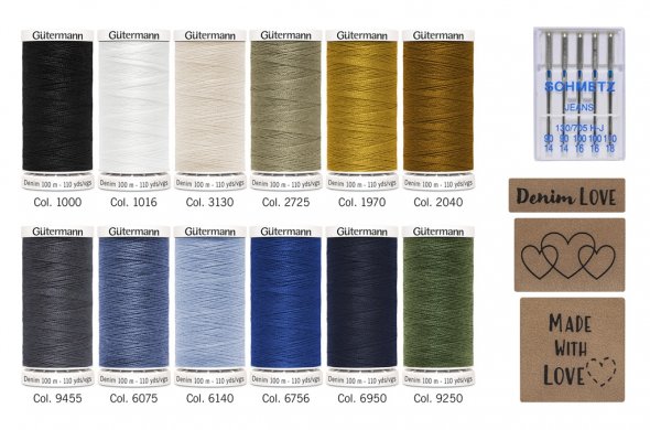 Gütermann Denim Box mit Jeansnadeln Lederetiketten No.50 (12 Farben/ 100 m)