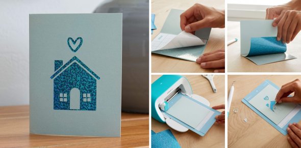 Cricut Joy Cutaway Cards - Klebekarten (8 St./ blau-beige-Glitzer/ 10,8 cm x 14 cm)