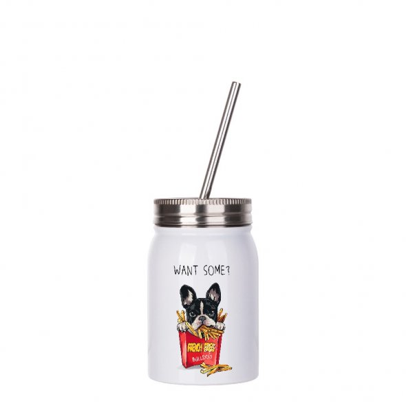 Thermo-Becher mit Metalldeckel und -strohhalm (500 ml / weiß / für Sublimationsdrucke geeignet)