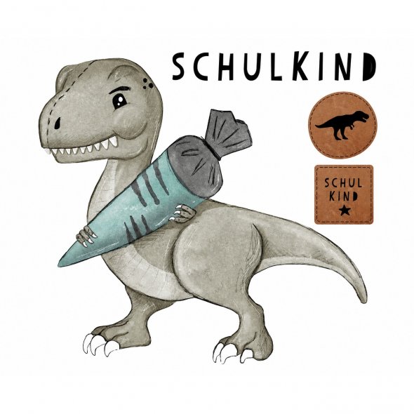 Paul und Clara Bügelbild Dino Rex Schulkind