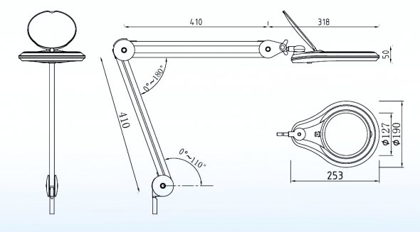 Semplix LED Lupen-Stehlampe 3D weiß (Ø 127 mm/ inkl.Standfuß m. Rollen/ 2 Tabletts)