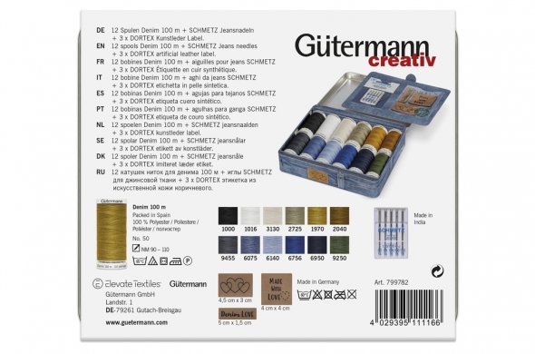 Gütermann Denim Box mit Jeansnadeln Lederetiketten No.50 (12 Farben/ 100 m)