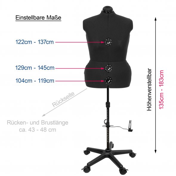 Schneiderpuppe/ Schneiderbüste DIANA "D" XL schwarz mit Rollen (verstellbar)