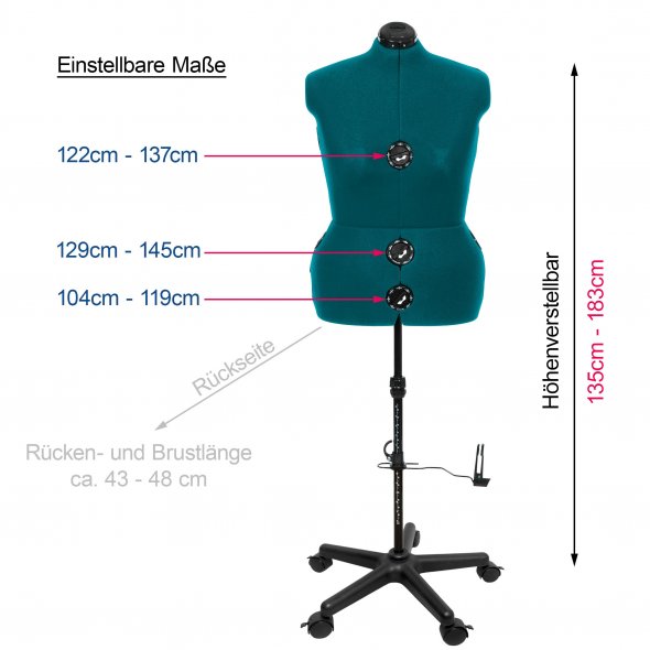 Schneiderpuppe/ Schneiderbüste DIANA "D" XL Jade mit Rollen (verstellbar)
