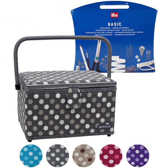 Semplix Nähkorb L Polka Dots anthrazit/ grau/ inkl. Prym Nähsortiment