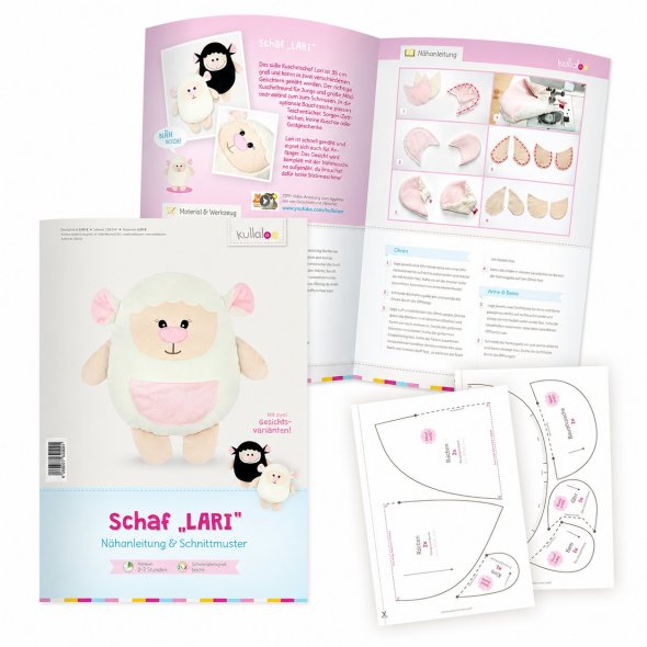 Kullaloo Kuscheltier Schaf LARI 2 versch. Größen und Gesichter (Nähanleitung)