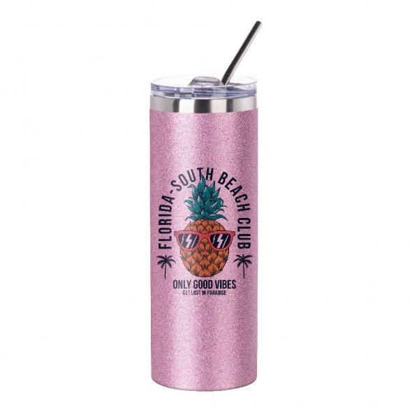 Thermo-Becher Glitter mit Deckel und Strohhalm (600 ml / farbig / für Sublimationsdrucke geeignet)