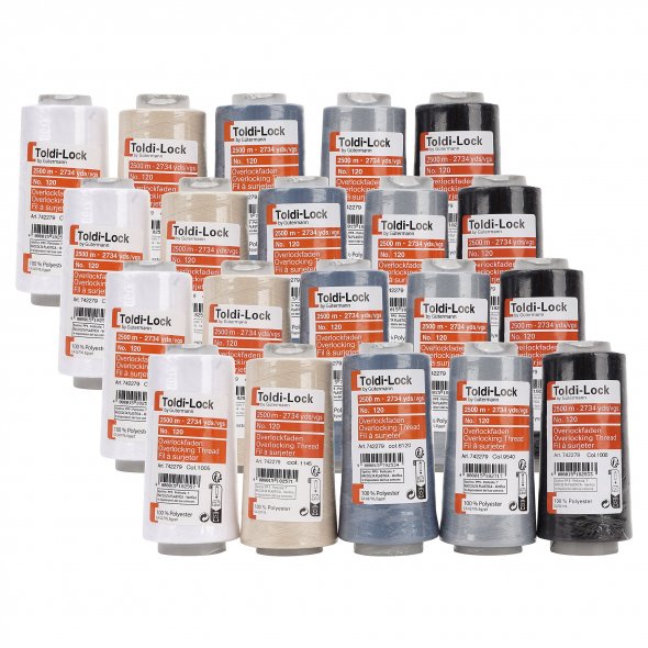 Acryl-Garnbox mit 5 basic Farben Gütermann Toldi-Lock (2500 m / 20 Konen) Overlockgarn