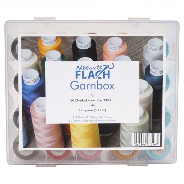 Acryl-Garnbox mit 5 bunten Farben Gütermann Toldi-Lock (2500 m / 20 Konen) Overlockgarn