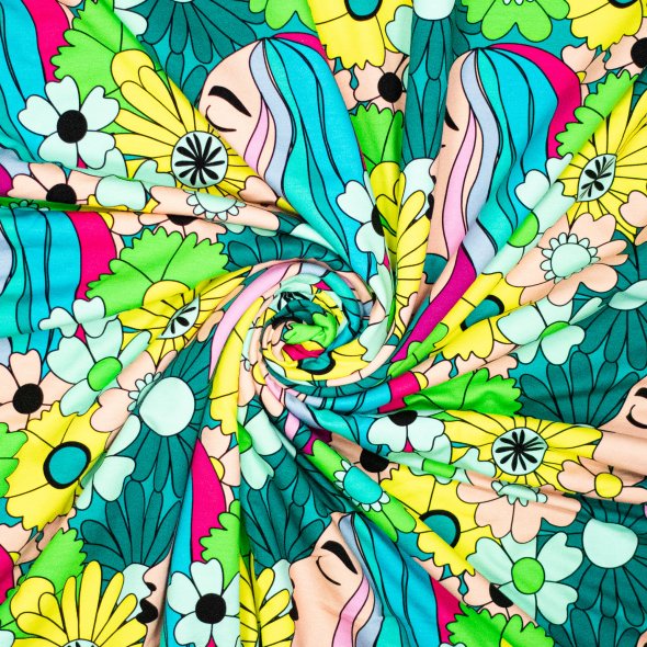 Baumwoll-Stoff Jersey Gesichter und Blumen by Karina+Kind