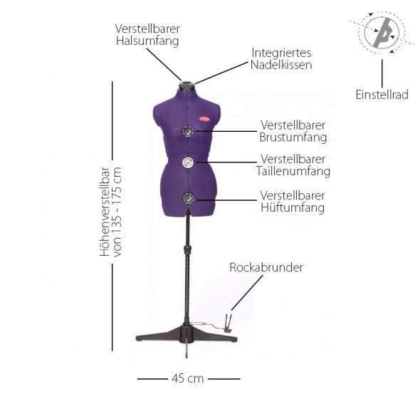 Prym Schneiderpuppe/ Schneiderbüste Prymadonna S (Gr. 36-42/ inkl. Bezug schwarz) - pflaumenblau
