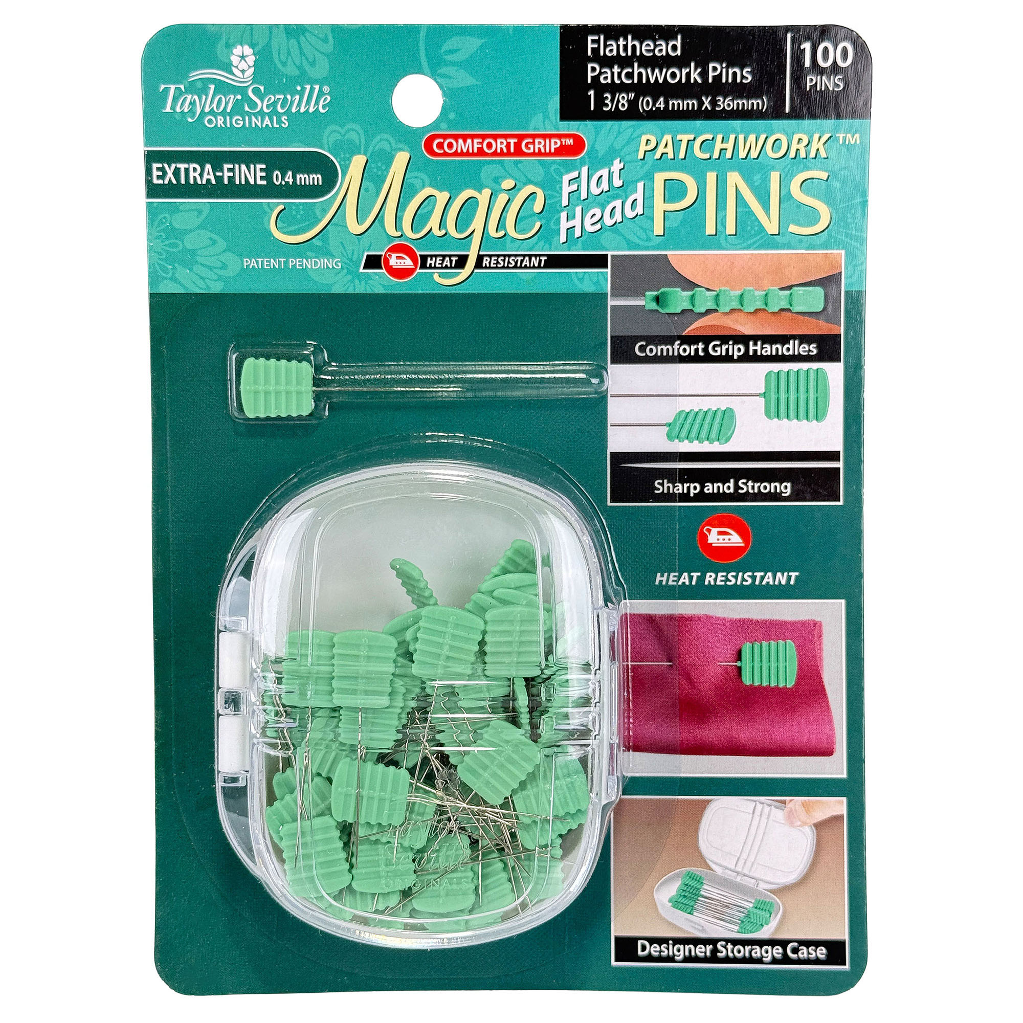 Taylor Seville Originals 50 Spilli Magici A Testa Piatta Extra Lunghi 3,5 Cm, Resistenti Al Calore, Per Patchwork E Cucito, Con Comodo Portaspilli